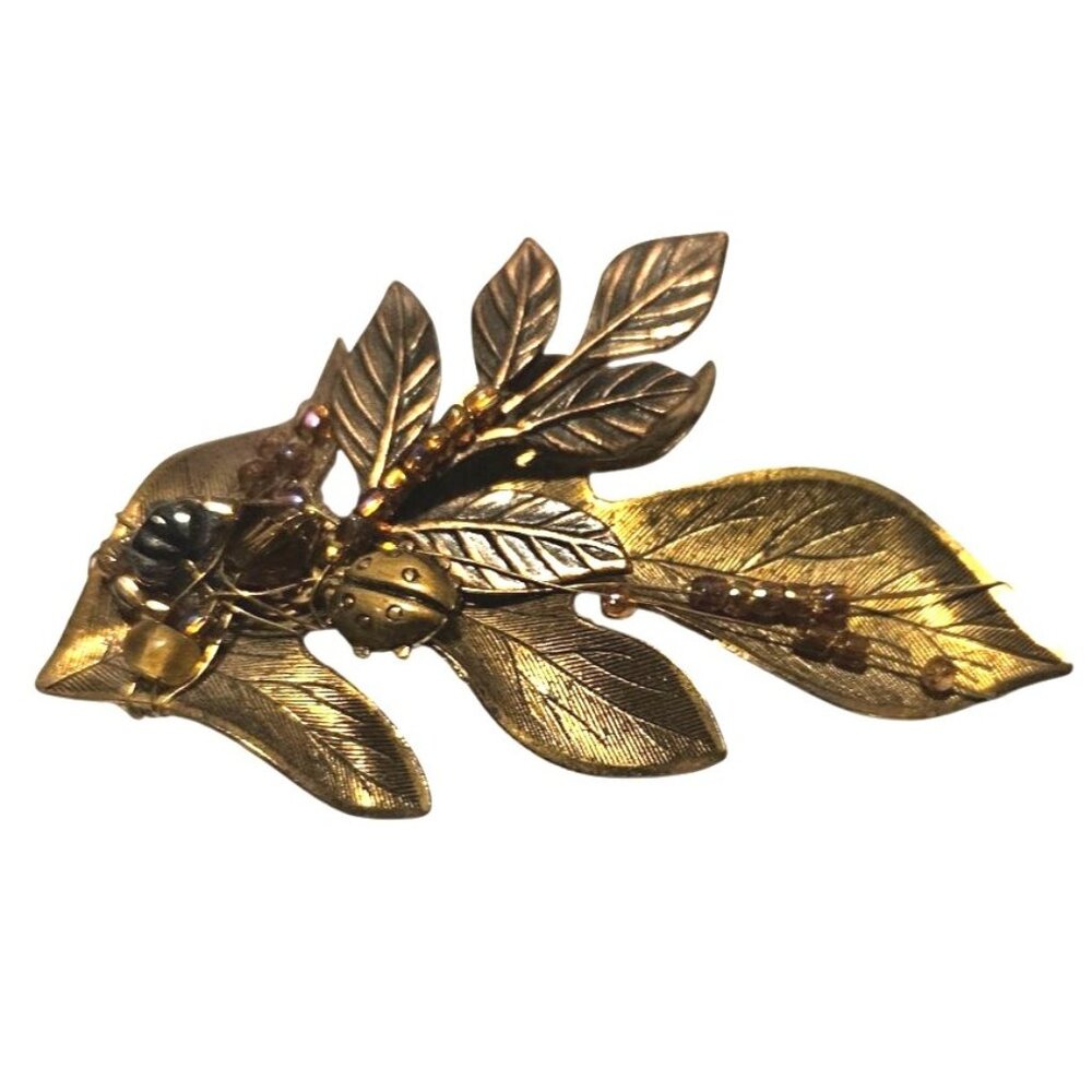 Vintage Brooch Gold-Tone Leaf W/‎ Ladybug & Beaded Accents Nature Approx. 3 Inch